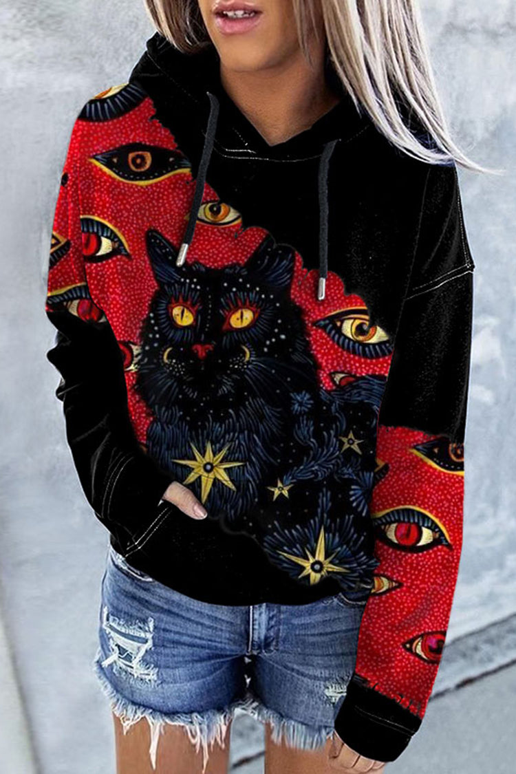 Halloween Cat Print Long Sleeve Hoodie