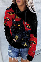 Halloween Cat Print Long Sleeve Hoodie