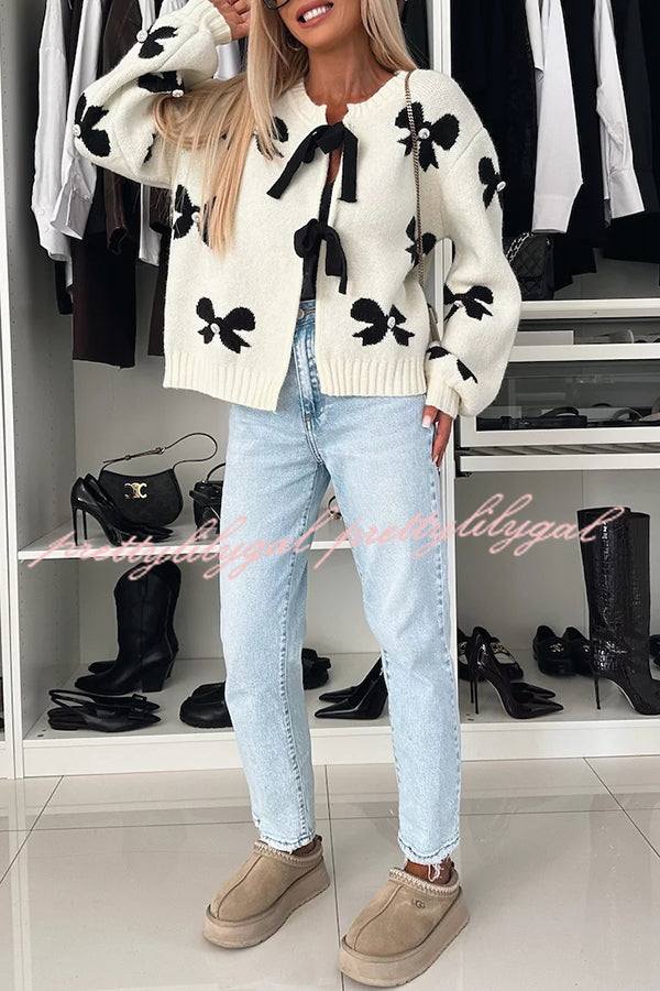 Vernie Knit Jewelry Pendant Bow Pattern Front Tie-up Long Sleeve Loose Cardigan