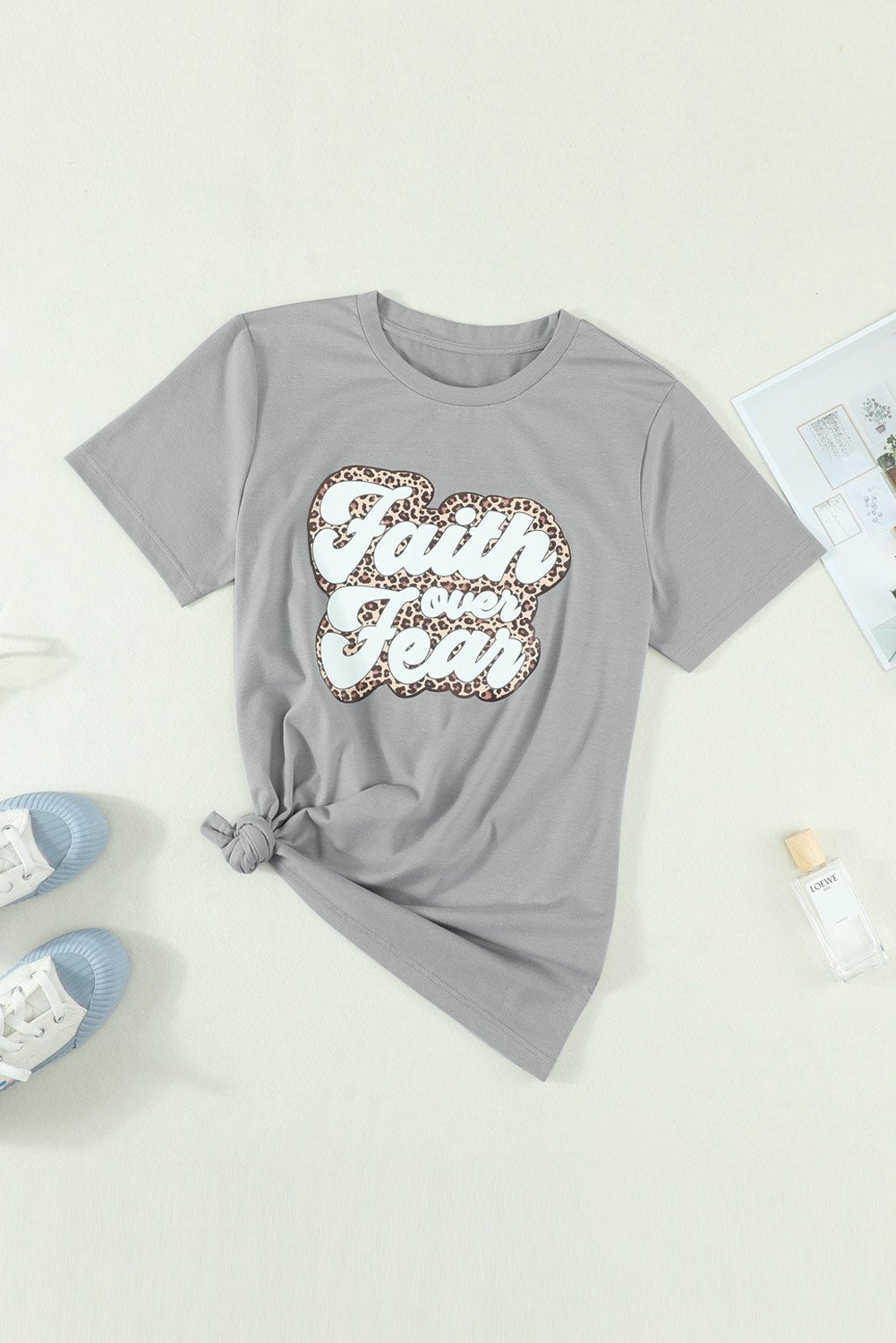 Women's Casual Gray Short Sleeve Faith Over Fear Graphic Tee