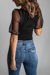 Women's Black V Neck Puff Sleeve Top