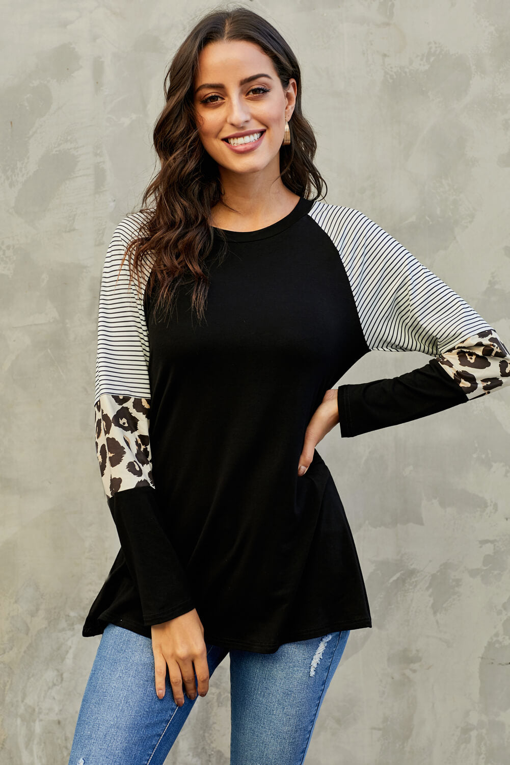 Women's Black Striped and Leopard Color Block Long Sleeves Top