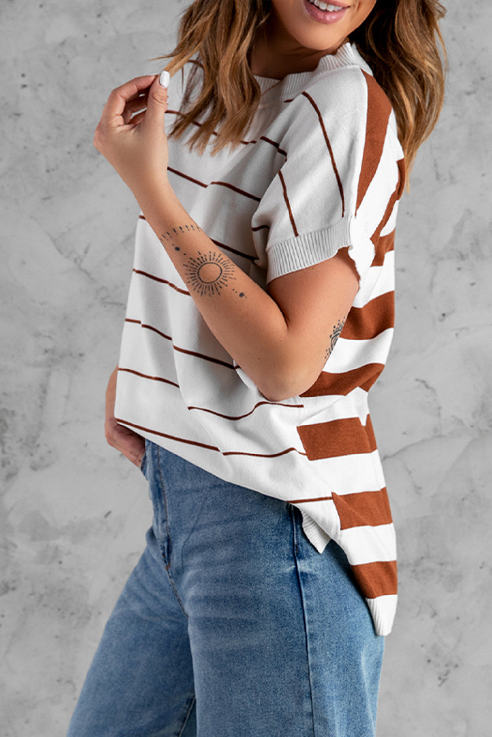Women's Striped Knit Sweater Short Sleeve Top