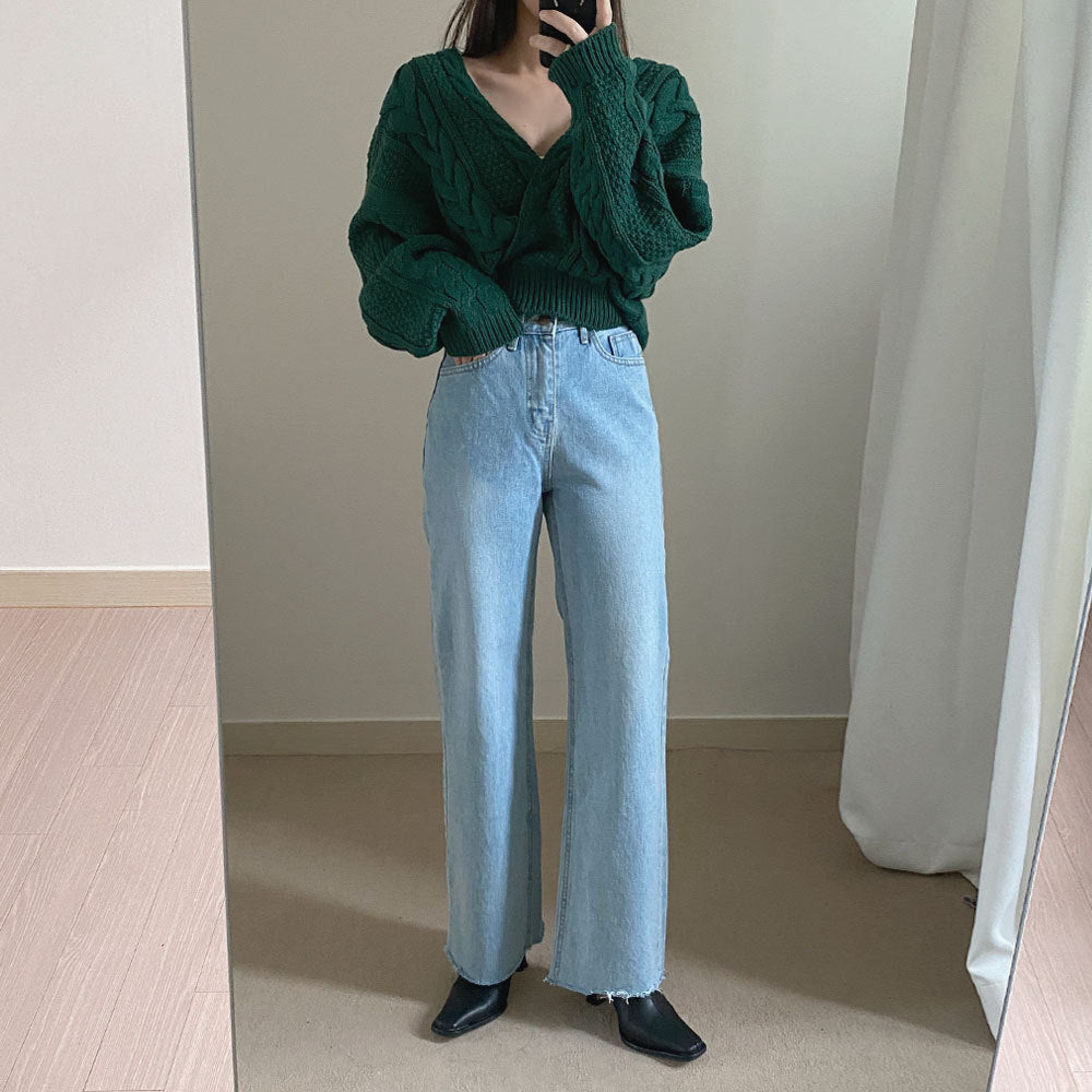 V-Neck Sweater Cropped Linen Pattern Knit Sweater
