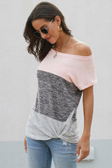 Women's Casual Pink Color Block Twist Short Sleeve Tee