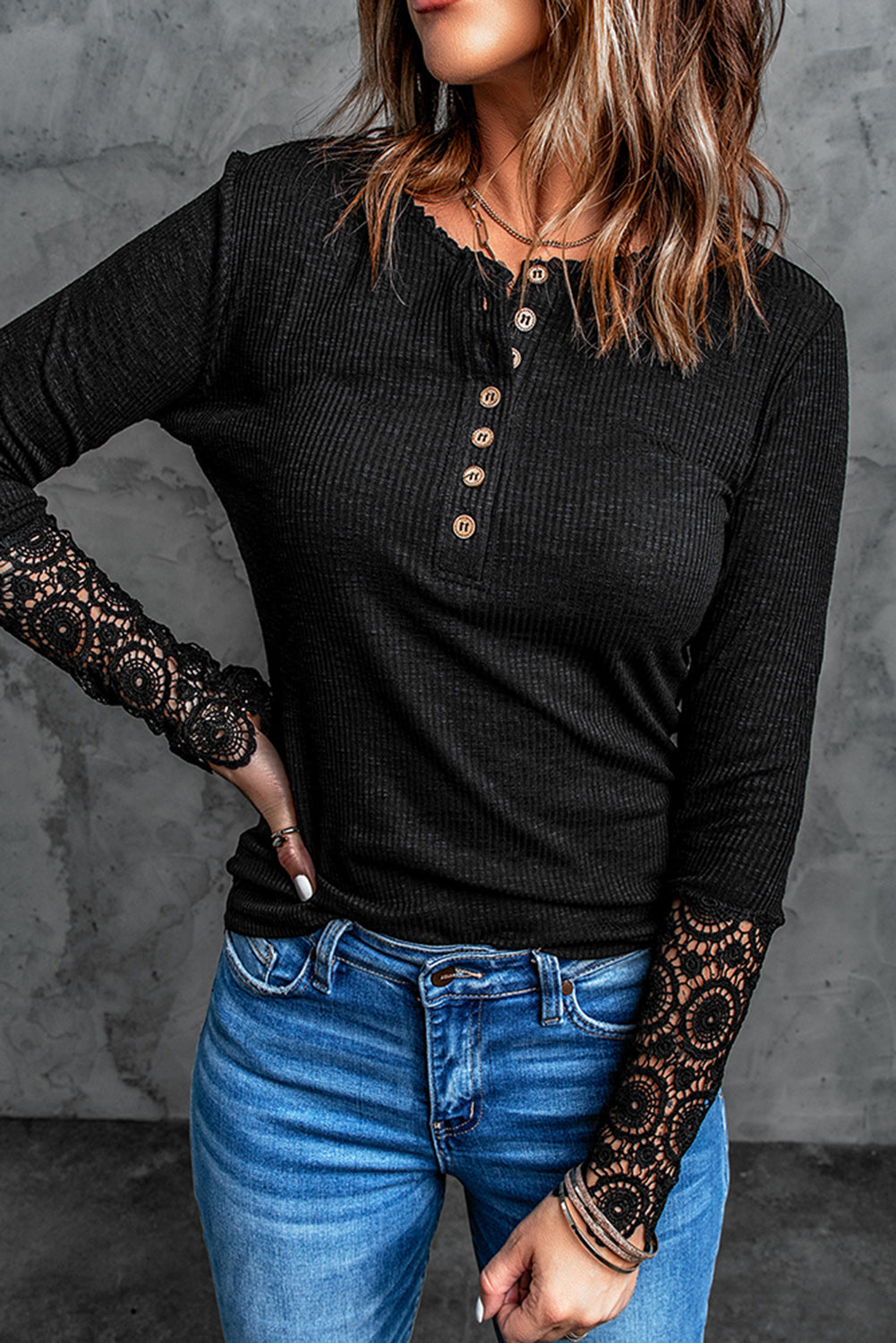 Women's Chic Black Crochet Lace Hem Sleeve Button Top