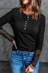 Women's Chic Black Crochet Lace Hem Sleeve Button Top