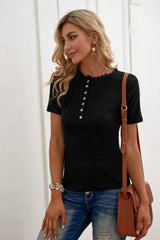 Women's Black Crew Neck Buttoned Ribbed Knit Short Sleeve Top