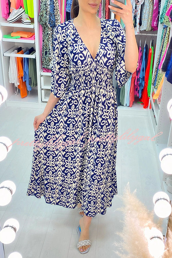 Fairytale Song Bohemian Print Stretch Frill Sleeve Loose Maxi Dress