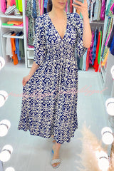 Fairytale Song Bohemian Print Stretch Frill Sleeve Loose Maxi Dress