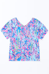Women's Sky Blue Loose Painted Floral Tee