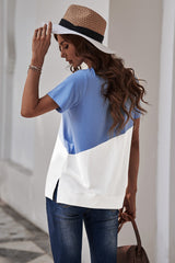Women's Crew Neck Blue White Colorblock Short Sleeve Tee