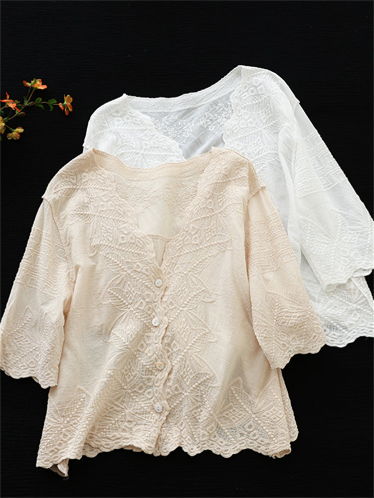 Leaves Embroidered Floral Hem Linen Cardigan