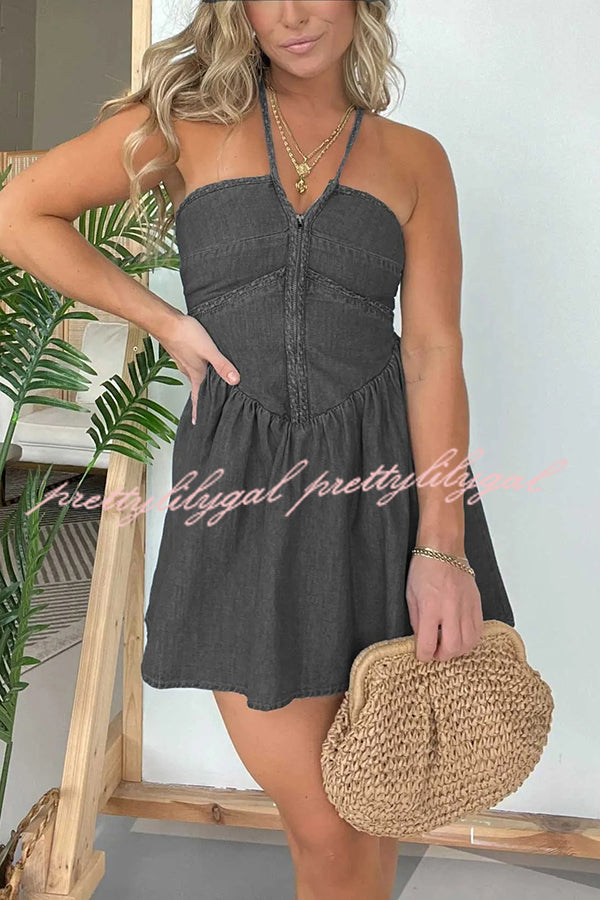 Sexy Halter Neck Backless Front Zip Denim Mini Dress