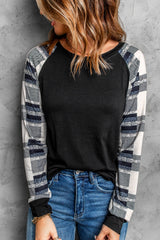 Women's Monochrome Plaid Long Sleeves Black Pullover Top