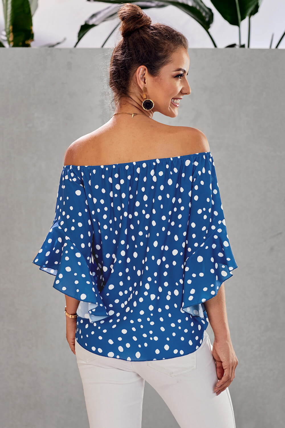 Women's Sky Blue Polka Dot 3/4 Bell Sleeve Front Tie Knot Off Shoulder Top