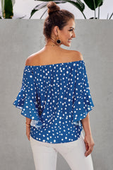 Women's Sky Blue Polka Dot 3/4 Bell Sleeve Front Tie Knot Off Shoulder Top