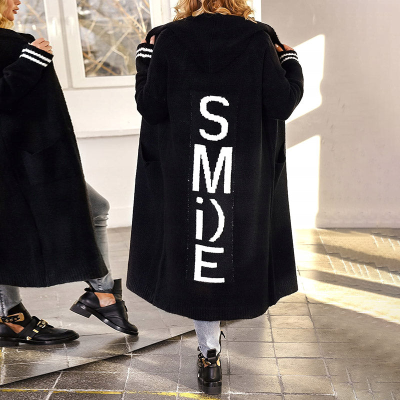 Letter Loose Casual Long Sleeve Hooded Sweater Cardigan