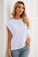 Women's White Cotton Blend Round Neck Short Sleeve Casual Tee
