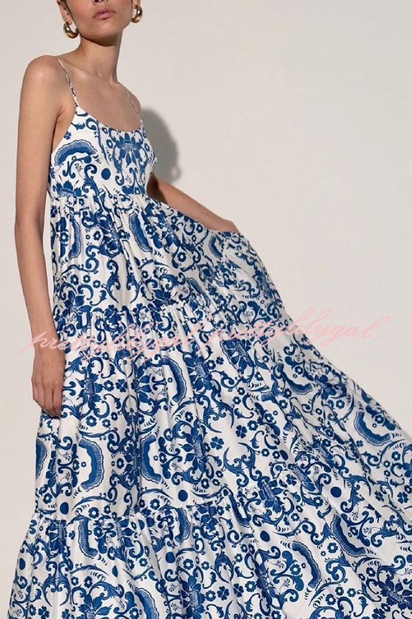 Botanical Floral Print Sexy Sling Backless Maxi Dress