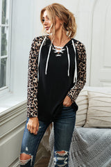 Women's Lace Up Neck Leopard Long Sleeves Top