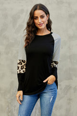 Women's Black Striped and Leopard Color Block Long Sleeves Top