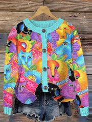 Colorful Cat Print Women's Cardigan Sweater