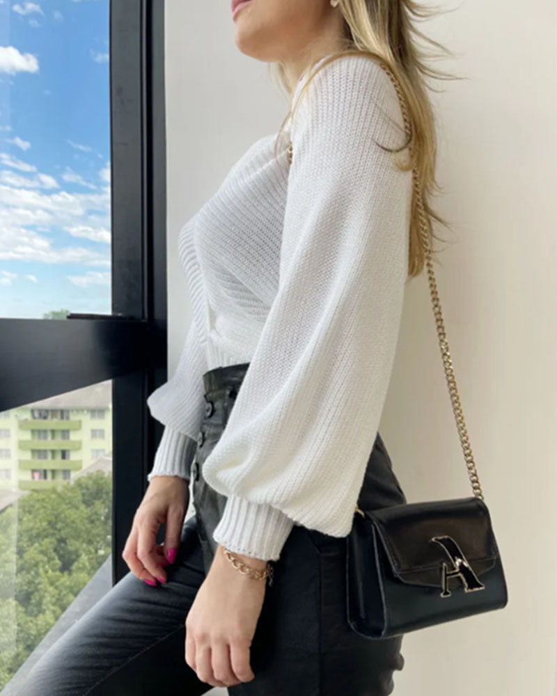 V-neck cross wrap puffy sleeve sweater