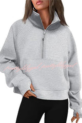Stylish Patchwork Stand Collar Zippered Loose Pocket Sweatshirt