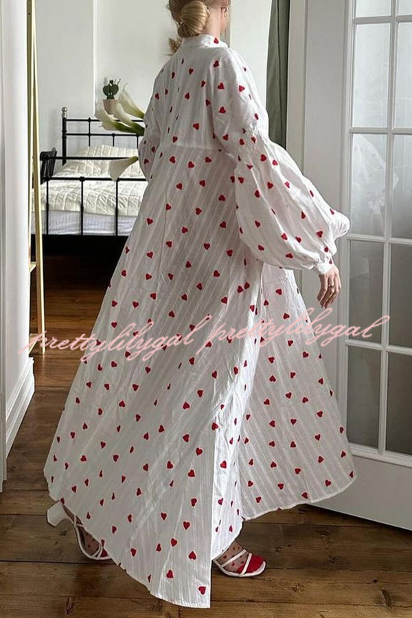 Cute Heart Print Puff Sleeve Loose Shirt Style Maxi Dress