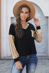 Women's Fashion Black Sequin Splicing Black V Neck Bishop Sleeves Top