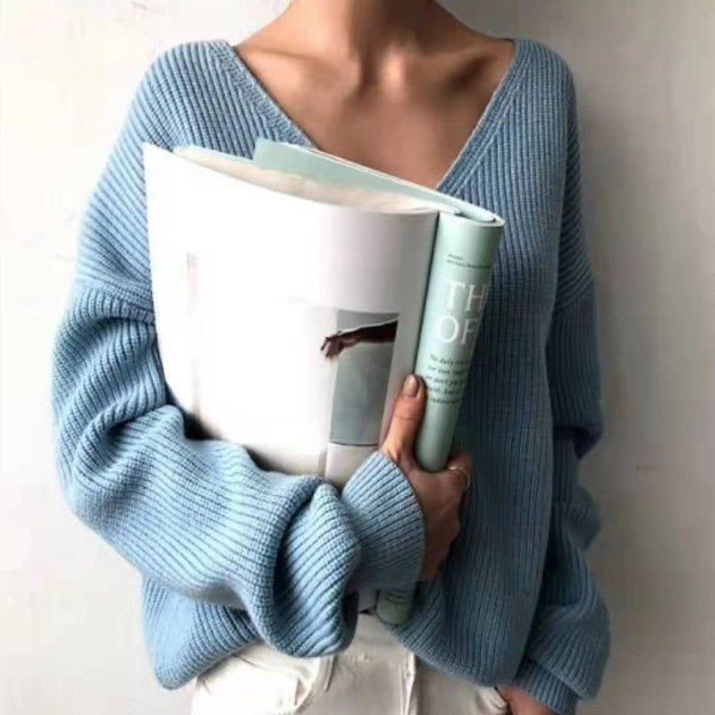 V-Neck Simple Irregular Pullover Sweater