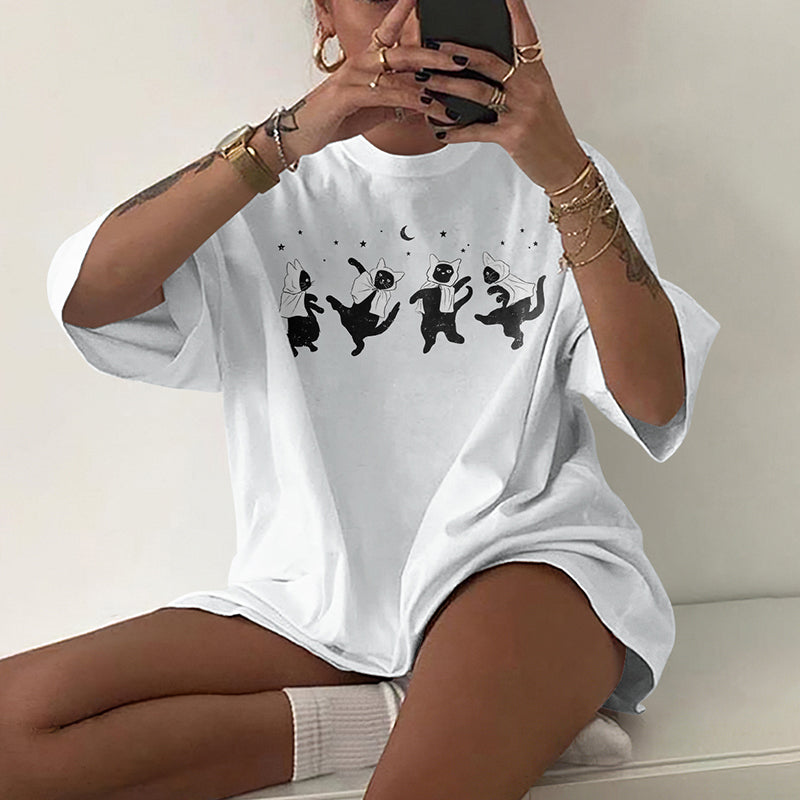 Dancing Cat Print Short Sleeve T-Shirt