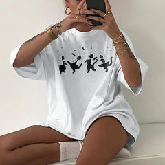 Dancing Cat Print Short Sleeve T-Shirt