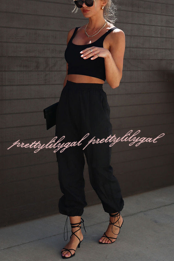 Let's Rewind Nylon Elastic Waist Pocketed Cargo Pants