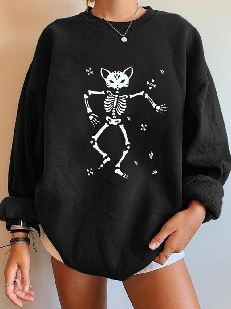 Dancing Skull Cat Print Sweatshirt