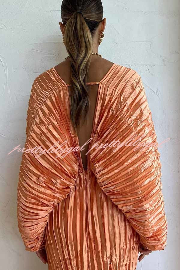 Sculpturally Luxurious Kimono Sleeve Pleated Cocoon Maxi Dress