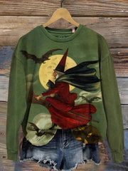 Halloween Witch Print Long Sleeve Round Neck Sweatshirt
