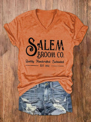 Salem Broom Co Quality Handcrafted Enchanted Est 1692 Print V Neck T Shirt