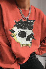Cat Skull Print Crew Neck Sweatshirt