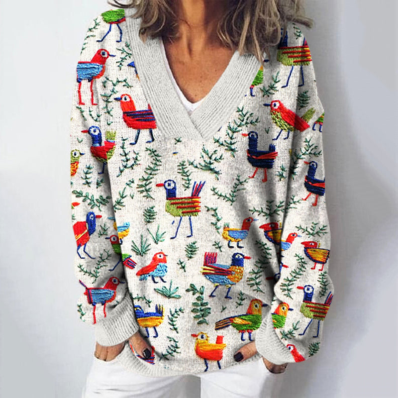Embroidery Bird Art Print V-Neck Cozy Knit Sweater