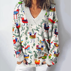 Embroidery Bird Art Print V-Neck Cozy Knit Sweater