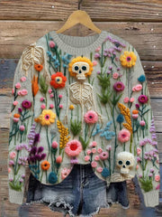Ghost & Floral Embroidery Pattern Vintage Knit Sweater