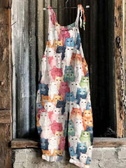 Colorful Cat Print Women's Overalls