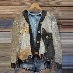 Vintage Contrast Cat Print Women's Sweater