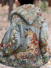Fox Flower Print Long Sleeve Kint Hooded Cardigan