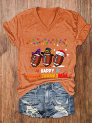 Halloween Christmas Rugby Print V Neck T Shirt