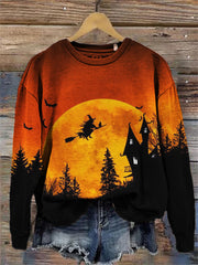 Halloween Witch at Full Moon Night Forest Contrast Sweatshirt