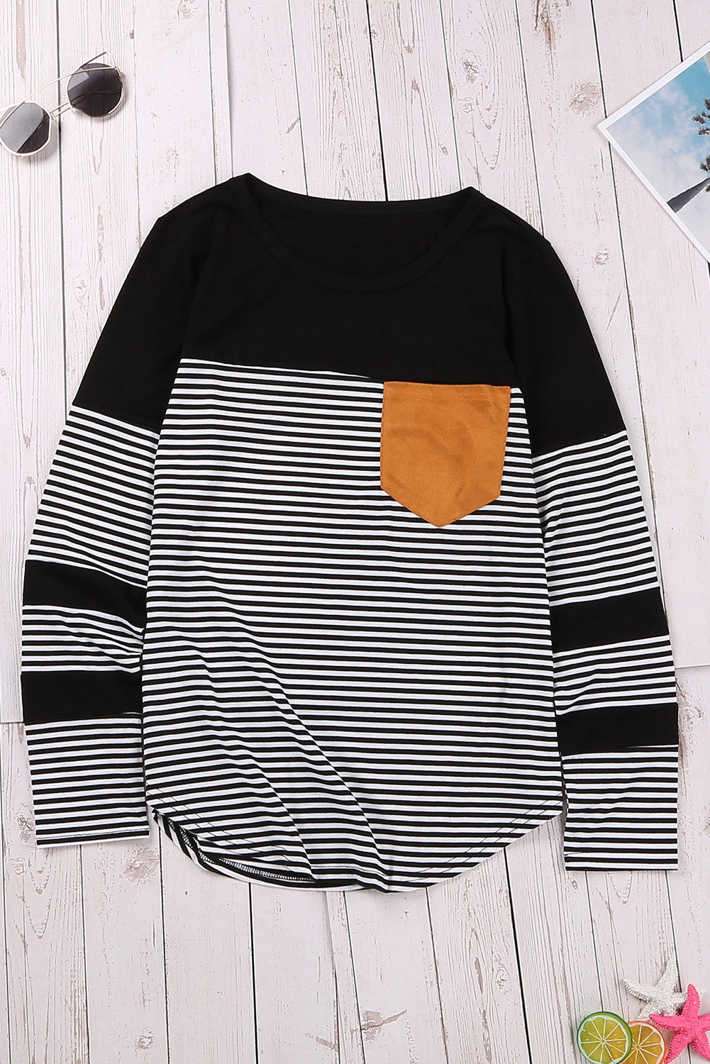 Women's Casual Black Striped Pinstripe Patch Pocket Long Sleeve Top