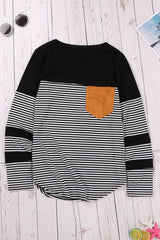 Women's Casual Black Striped Pinstripe Patch Pocket Long Sleeve Top